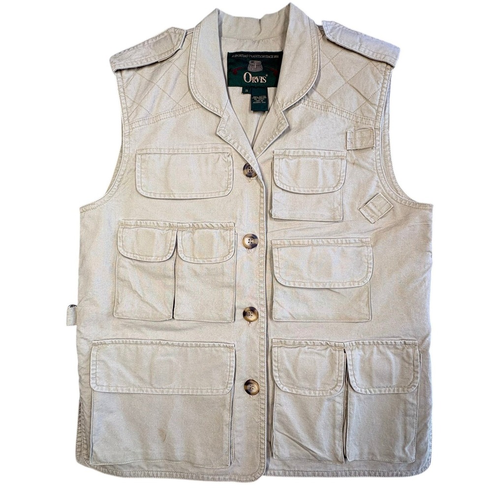 Orvis Mens Fishing Utility Field Vest Mens Small Tan Cotton Multi Pocket Vintage